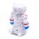 The robot is musical, light and sound effects, drives, white color