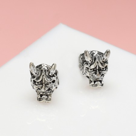 Earrings Metal "Japan" mask with horns, color black silver-2