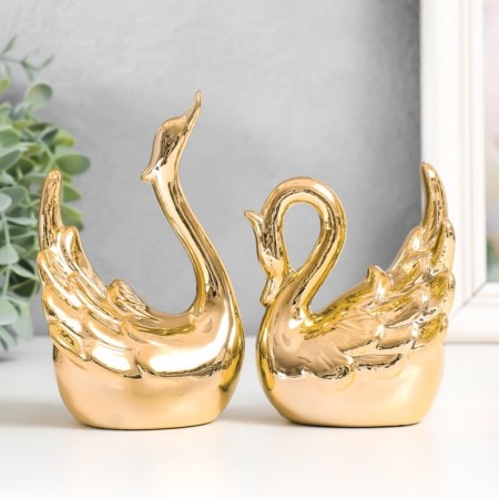 Souvenir Ceramics "Two Swan - Love" Gold set 2 pcs 9.2x8.3 8x7.2x12.5 cm