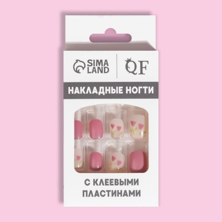 Flourish overhead nails, 12 pcs, with adhesive plates, soft square shape, pink/white color-10
