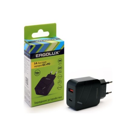 Ergolux ELX-RA01QC-C01, USB/USB-C, 3A network charger, fast charging, black-1