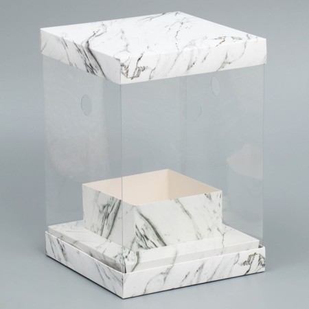 Gift box for flowers with a vase and PVC windows folding, packaging, "marble", 16 x 23 x 16 cm-2