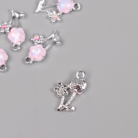 Decor for creativity metal, rhinestones "flowers" silver, pink 2.2x1.3x0.5 cm-1