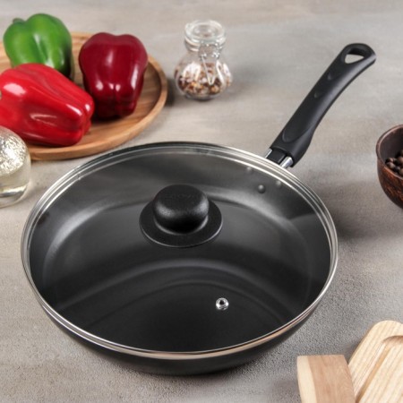 Pan Consul, D = 26 cm, plastic handle, glass cover, anti -stick coating, black color-8