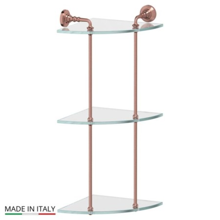 The corner shelf is three -tier, width 23 cm, glass, antique copper