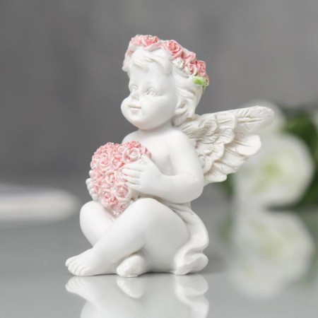 Figure Polystone "Angel with a heart of pink roses" 7.5x6x6 cm-2