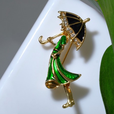 Brooch "Girl with an umbrella", the color black-green in gold-2