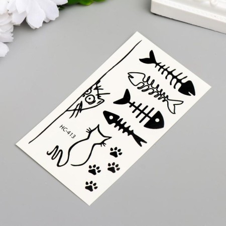 Tattoo on the body black "cat and fish skeletons" 10.5x6 cm-1