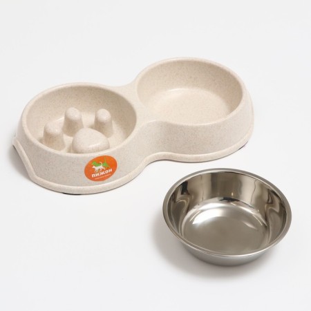 Double bowl for slow feeding 30.5 x 17 x 5 cm, beige-3