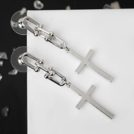 Earrings Metal "Chain" with a cross, three links, silver color-1