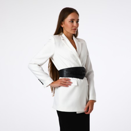 Women's belt, width 11 cm, leather buckle, black color-1