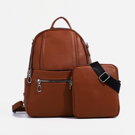 Women's backpack of artificial leather with a zipper, 4 pockets, bag, brown color