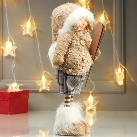 Interior doll "Boy in a beige fur jacket, with skiing in the hand" 47x12x15-1