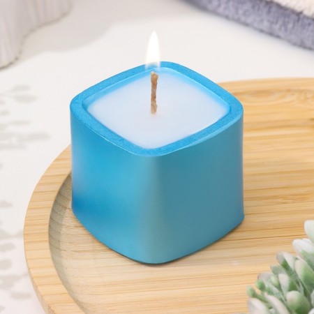 Candle "Square. Marble" in a candlestick of gypsum is small, 5x4.5 cm, blue