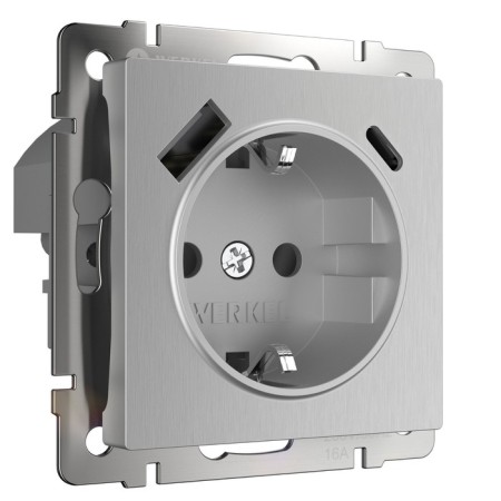 The socket w1171709 with grounding, curtains and USB, type A+C, silver corrugated