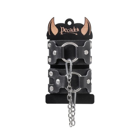 Pecado BDSM bracelets, with two straps, genuine leather, black-6
