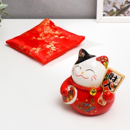 Piggy bank Ceramics "Maneki-Neko Red with fan" 11x10.5x9.5 cm-4