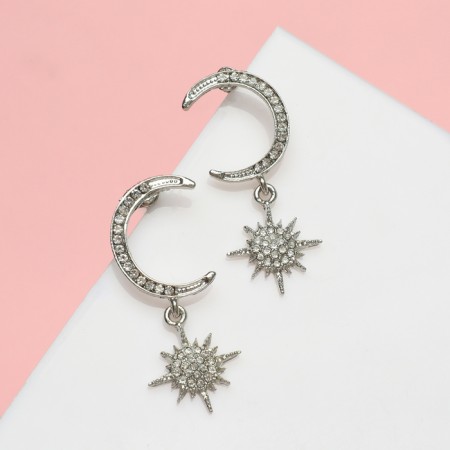 Earrings with rhinestones "crescent and star" dazzling, white color in silver