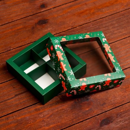 New Year. Box for 4 sweets, 12.6 x 12.6 x 3.5 "gingerbread", confectionery packaging-1