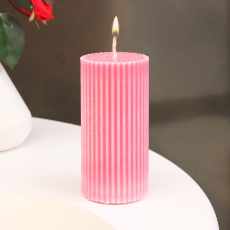 Candle-cylinder with faces, 5x10 cm, pink, 6 hours