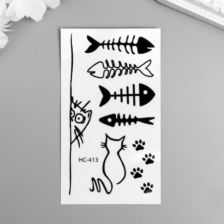 Tattoo on the body black "cat and fish skeletons" 10.5x6 cm
