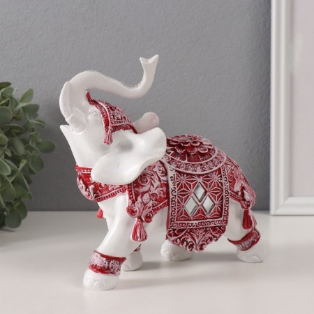 Souvenir Polystone "White Elephant. Burgundy Popon with Flower and Straza" 17.5x9x17 cm-3
