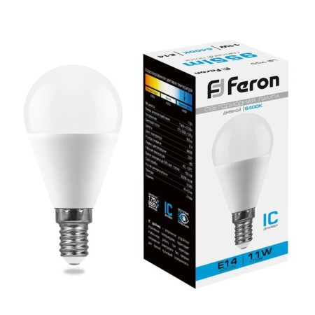 LED LED Feron, G45, 11 W, E14, 955 lm, 6400 K, 220 °, 92x45, cold white
