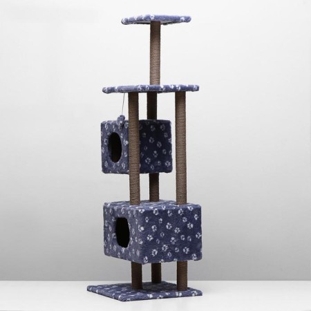 House for cats with a claw, with a site and shelf, 65 x 51 x 173 cm, gray with paws-3