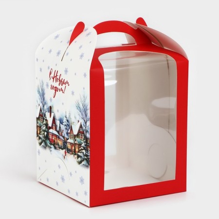 Folding box for a small cake "Winter City", 15 x 15 x 18 cm, New Year-1