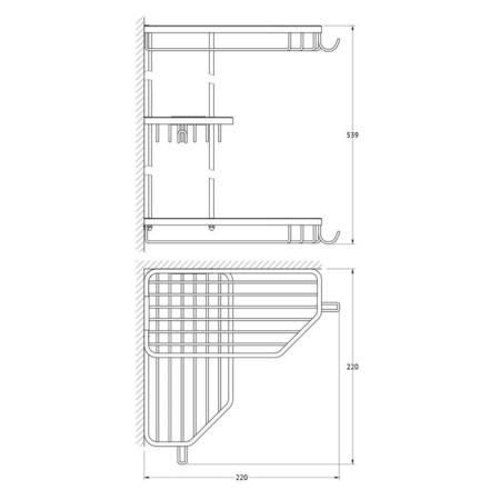 A corner-cutting shelf with hooks, three-tier, size 20 x 20 x 20 cm, chrome-1