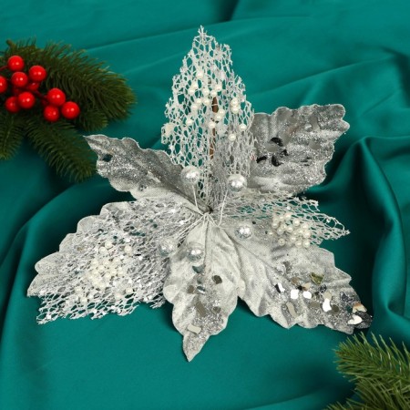 Decor "Winter Flower" mesh beads, 24x15 cm, silver-1