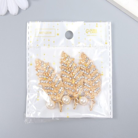 Decor for creativity Metal, plastic "Leaf with pearls and rhinestones" gold 5.5x2.2 cm-3