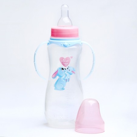 A bottle for feeding "Bunny: Mom and kids", classic throat, 250 ml., 0 months, fitted, with handles-3
