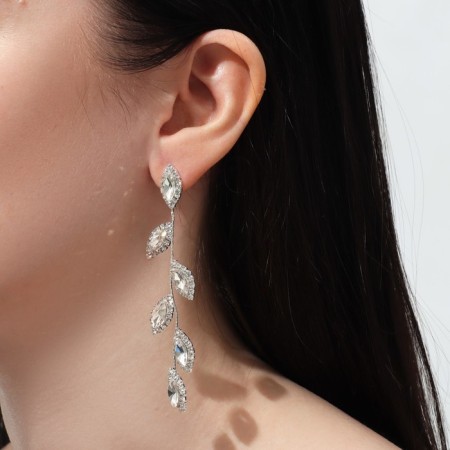 Hanging earrings with rhinestones "Listopad", white color in silver, 9 cm-2