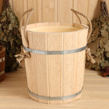 Bucket of linden, 10l, plastic insert, handle-river Russian patterns-1