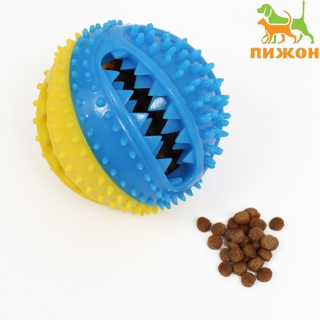 The ball under the treats is embossed, tpr, 7 cm, yellow-blue