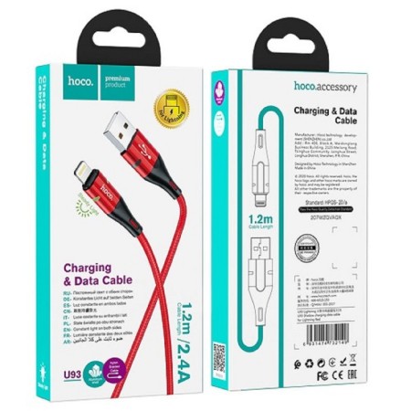 Hoco U93 cable, USB - Lightning, 2.4 A, 1.2 m, indicator, red-2
