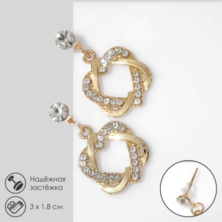 Earrings with rhinestones "Heart" interweaving, white color in gold