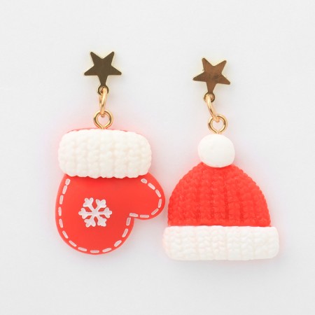 New Year! Earrings "New Year" hat star, mittens, white-red color in gold-1