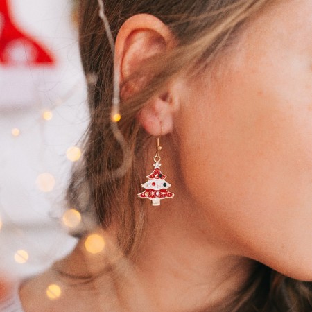 Earrings "Christmas tree" and in jewelry, white-red color in gold-4