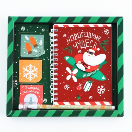Gift New Year's Set "New Year's Miracles": a notebook on a spiral A6, 40 sheets, magnetic bookmarks 3 pcs and a plastic pen.-14
