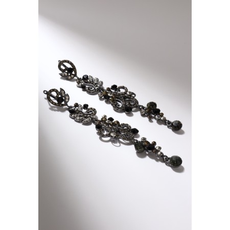 Hanging earrings with rhinestones "evening" magic, black and white color in gray metal, 10.5 cm-5