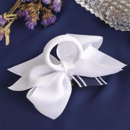 Hair elastic band "Schoolgirl" Double bow blue beads, 10 cm, white-blue-1