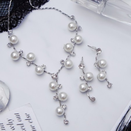 Set 2 objects: earrings, necklace "amazement" branch, white color in silver, 42cm