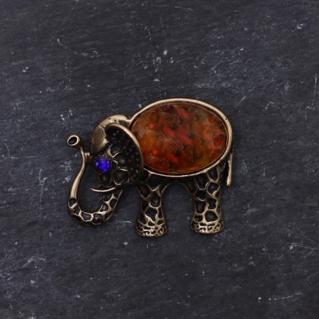 Brooch "Elephant", brass, amber