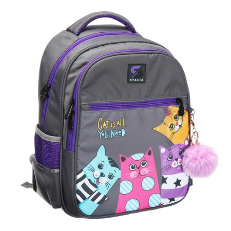 School backpack, 40 x 33 x 19 cm, ergonomic back, stavia "four cats", gray-1