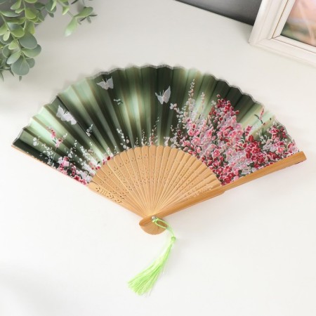 Fan wood, textile h = 21 cm "Flowers and butterflies" green, with a brush