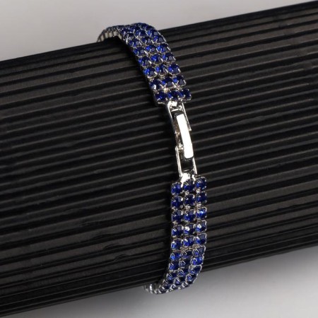 Bracelet with rhinestones "shine" three rows, blue color in silver, 18 cm-1