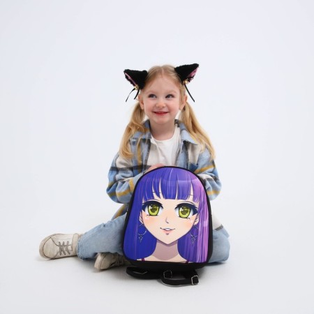 School textile backpack with ears on the hairpins "Anime", 27x23 cm, black/purple-17