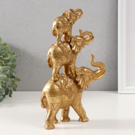 Souvenir Polystone "Pyramid of 3 elephants" Gold 6.5x15.5x24 cm-2